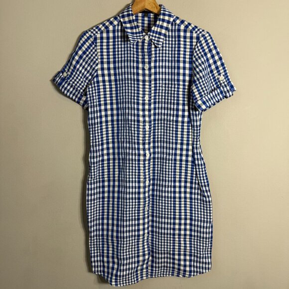 Theory Mayvine Dillon Plaid Linen Mini Shirt Dress Women 4 Blue White Preppy NWT - Picture 6 of 16